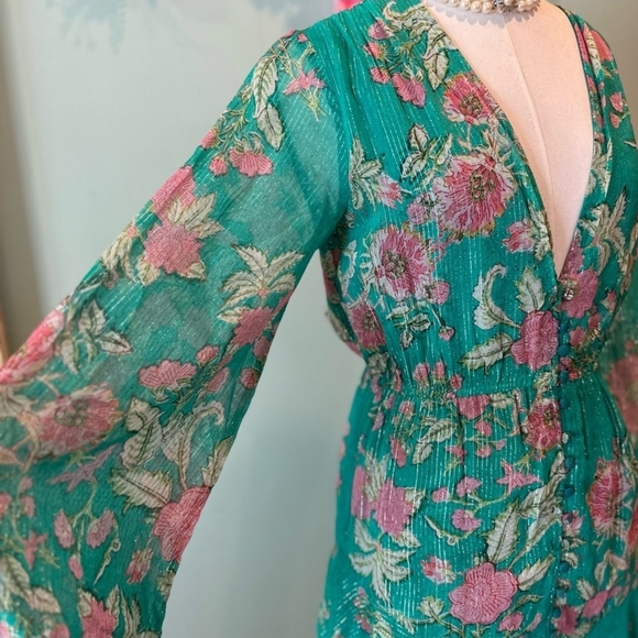 HEMANT & NANDITA Vibrant Green and Pink Isha Floral Short Dress Size Large - Picture 6 of 7